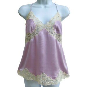 Vintage Y2K SiLK SaTiN Lilac Purple Babydoll Camisole Floral Lace Trim Stretch